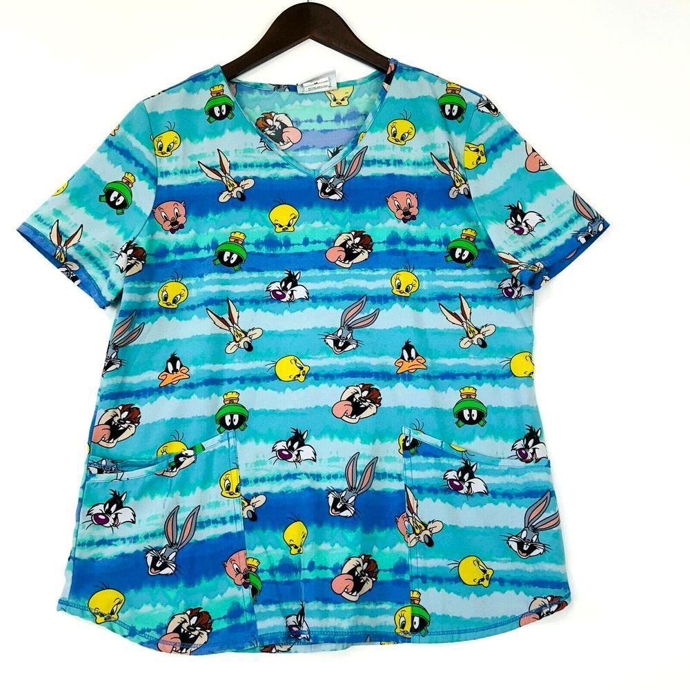 Looney Tunes Scrub Top Size M 90s Cartoon Short Sleeve Bugs Bunny Tweety Nurse